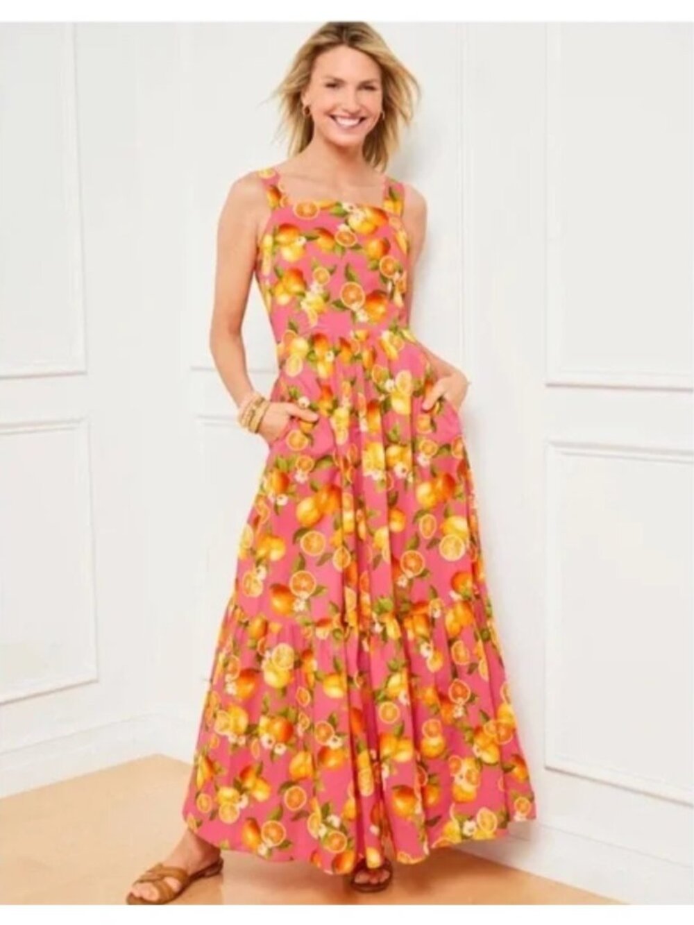 TALBOTS Lemons & Oranges Tiered Maxi Dress Size 16 Colorful Smocked Tea Brunch